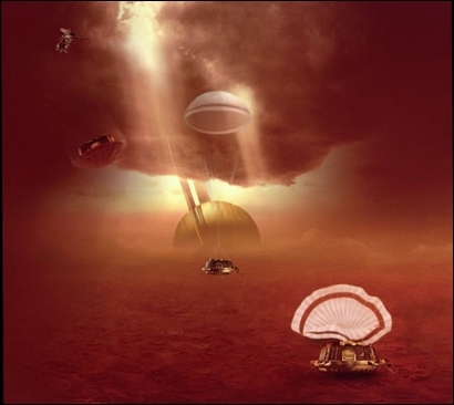 Principales phases de la descente de la sonde HUYGENS dans l&#039;atmosphère de Titan. Crédits : ESA